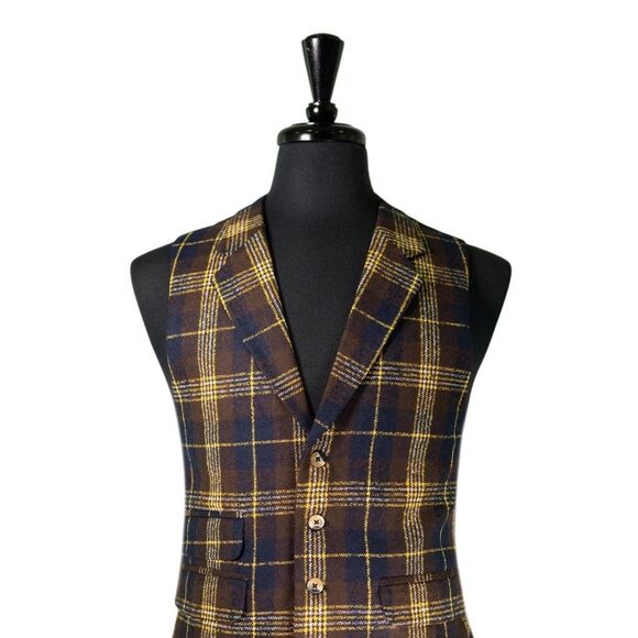 Mens 42R Wool Vest Brown Blue Yellow Plaid Waistcoat Preppy Casual Formal Party - Picture 4 of 10